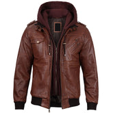 Mens Brown Real Leather Jacket with Hood